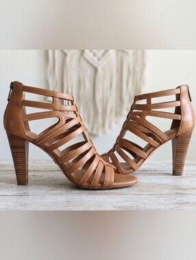 Coach Lucy Tan Leather Strappy Cage Gladiator Stiletto Heel Sandal Size 8.5B